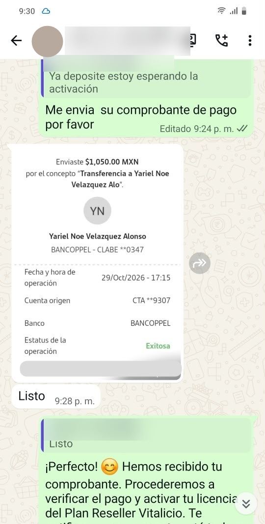 Comprobante de pago por $1,050 MXN vía BanCoppel para el plan Reseller, 29 de octubre de 2026