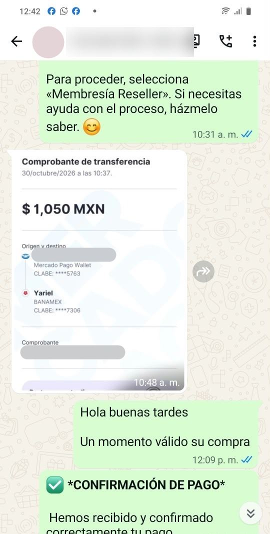 Comprobante de pago por $1,050 MXN vía Mercado Pago para la membresía Reseller, 30 de octubre de 2026