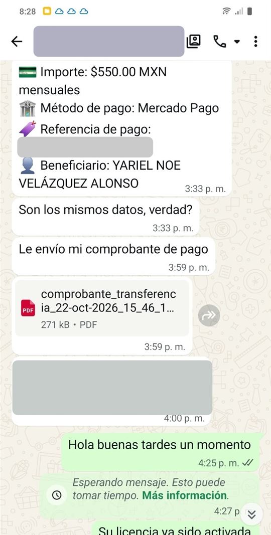 Cliente envía comprobante de pago de licencia mensual de $550 MXN, 22 de octubre de 2026