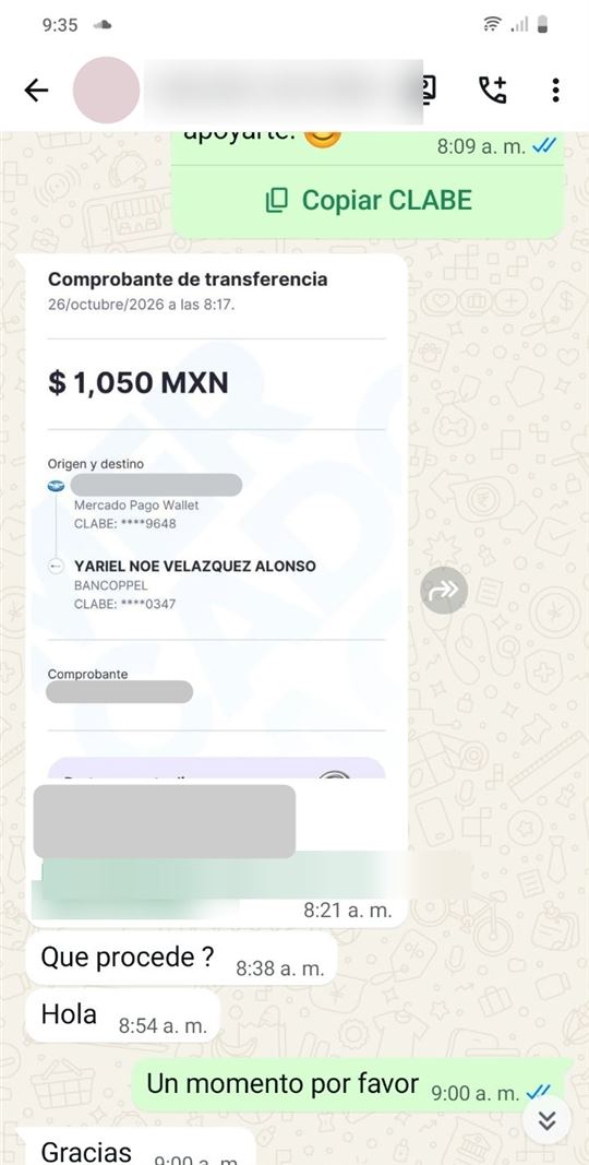 Comprobante de pago por $1,050 MXN vía Mercado Pago, 26 de octubre de 2026