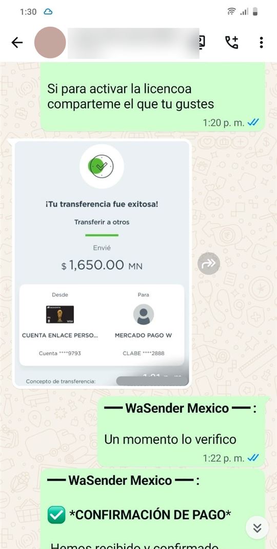 Transferencia exitosa por $1,650 MXN hacia Mercado Pago