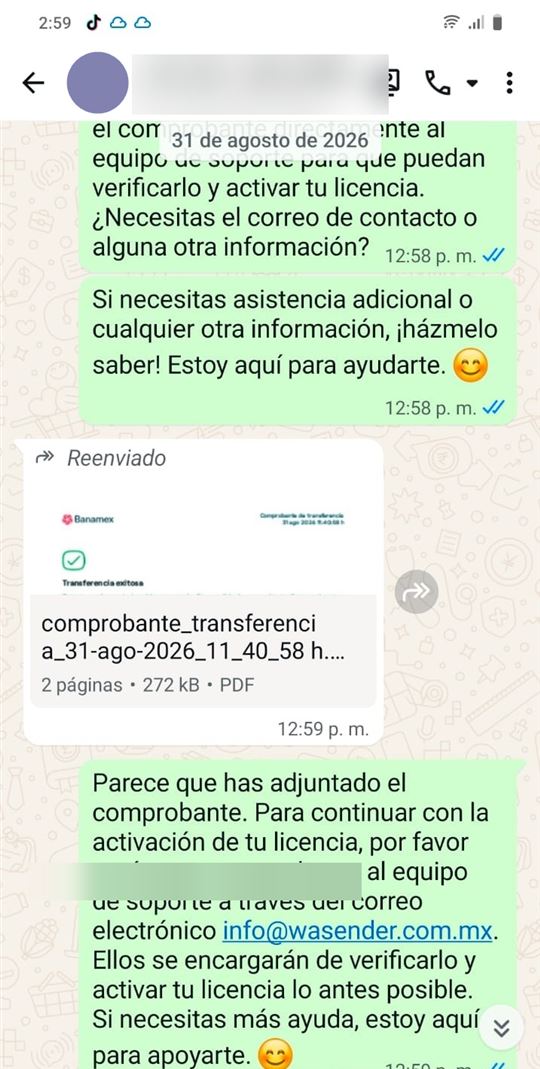 Comprobante de transferencia Banamex enviado por WhatsApp, 31 de agosto de 2026
