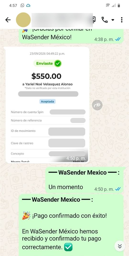 Comprobante de pago por $550 MXN vía Spin by OXXO, 23 de septiembre de 2026