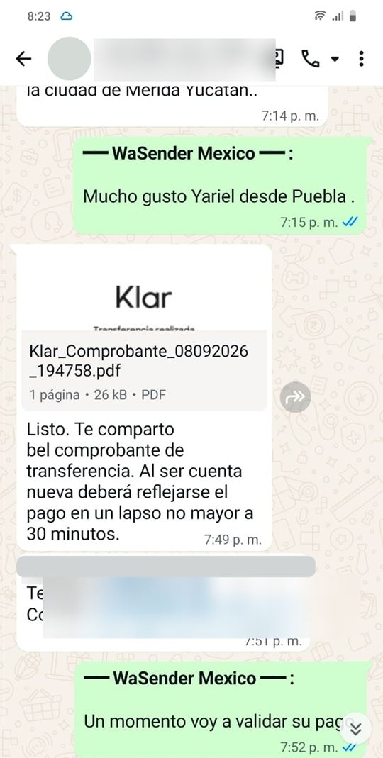 Comprobante de transferencia Klar enviado desde Mérida, Yucatán, 8 de septiembre de 2026