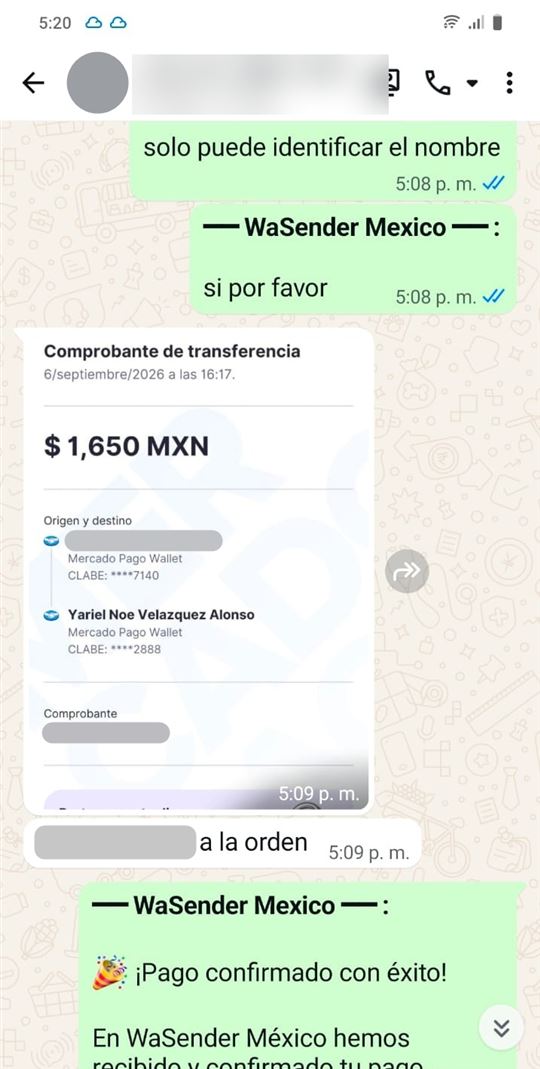 Comprobante de pago por $1,650 MXN vía Mercado Pago, 6 de septiembre de 2026