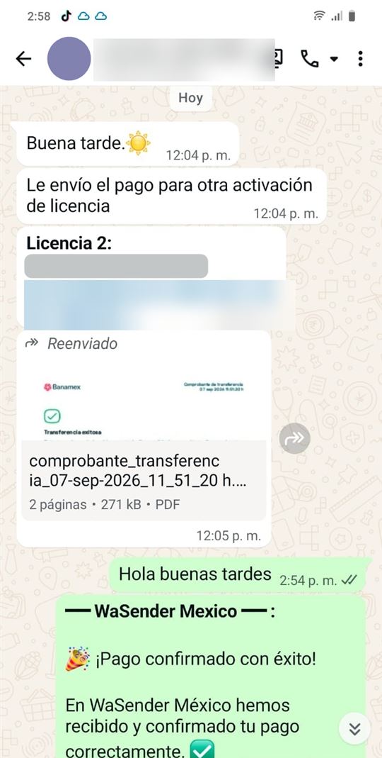 Cliente que envía el pago de su segunda licencia por Banamex, 7 de septiembre de 2026