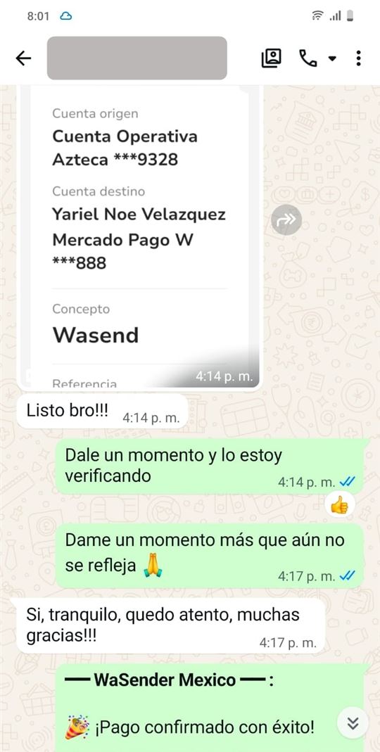 Comprobante de transferencia desde Banco Azteca con concepto Wasender